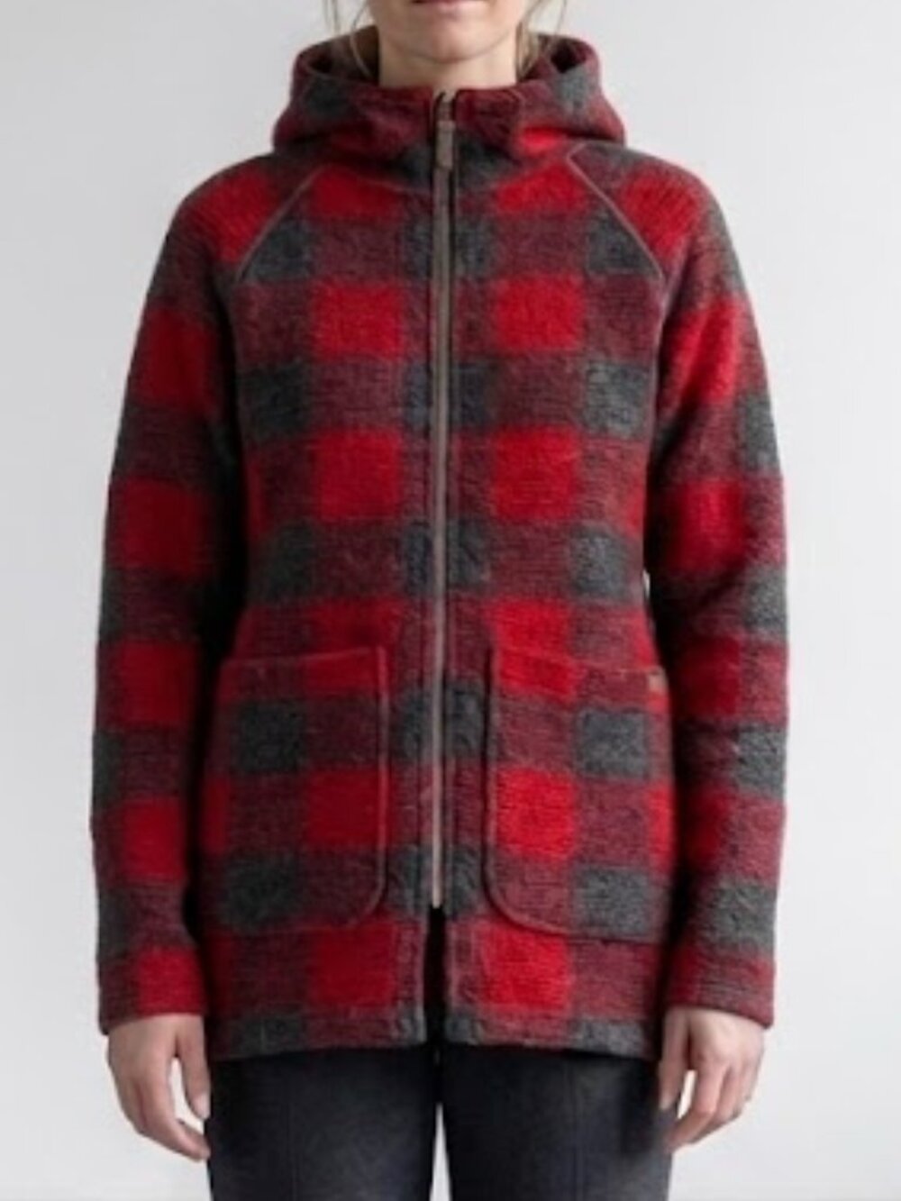 Woolrich Wool Hooded Mid Weight Red Plaid Duffle Coat Jacket Women's S